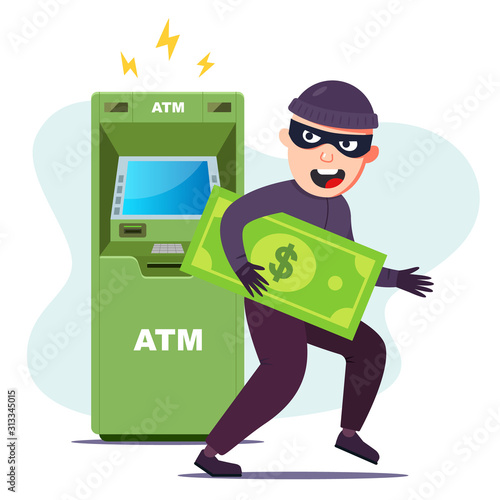 the thief stole money from an ATM. hacking the terminal to steal. Flat character vector illustration.