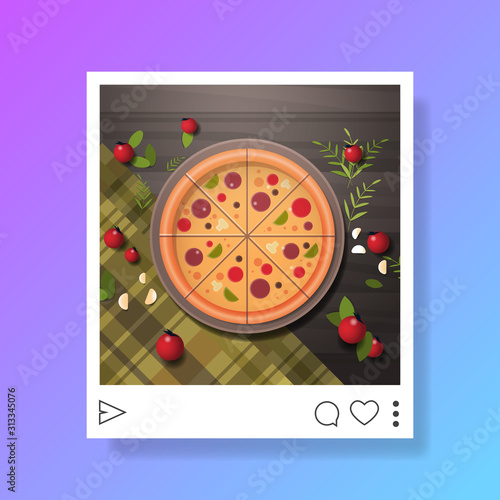 photo of prepared tasty pizza for blog food blogging social media concept food hunter review vector illustration