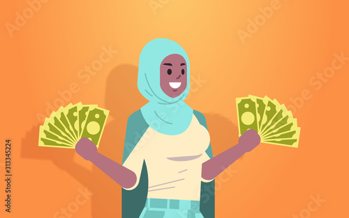 excited arabic woman holding money bills financial success wealth concept rich businesswoman with dollar banknotes horizontal portrait vector illustration