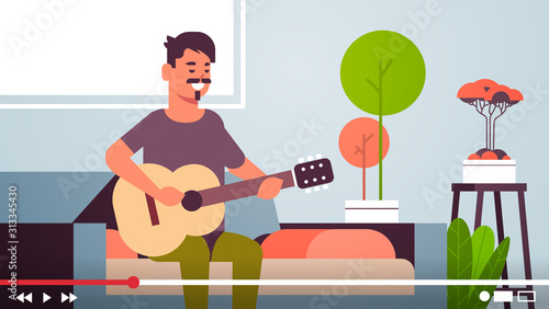 musical blogger recording online video stream for vlog male vlogger playing guitar blogging concept modern living room interior horizontal vector illustration