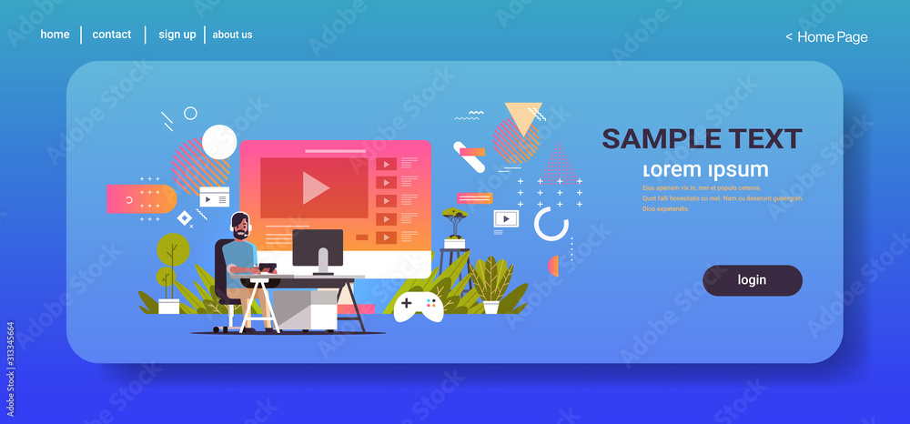 gamer blogger in headphones streaming live online video gaming blogging concept vlogger commentating game process full length horizontal copy space vector illustration gamer blogger in headphones streaming live online video gaming blogging concept vlogger commentating game process full length horizontal copy space vector illustration