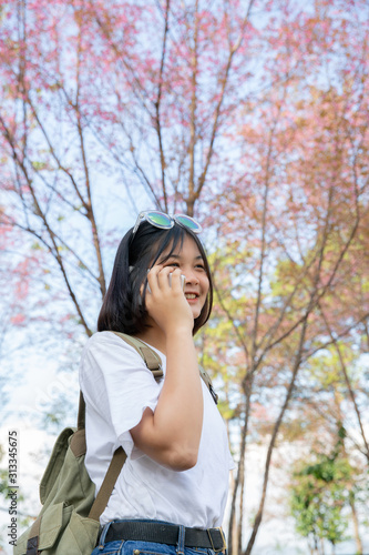 Beautiful thai girl traveler on smartphone smiling happy in garden of Sakura Trees or Cherry blossom