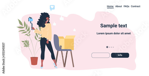blogger opening parcel box african american woman using smartphone camera recording unboxing video live streaming social media mail delivery shipment blogging concept full length horizontal vector