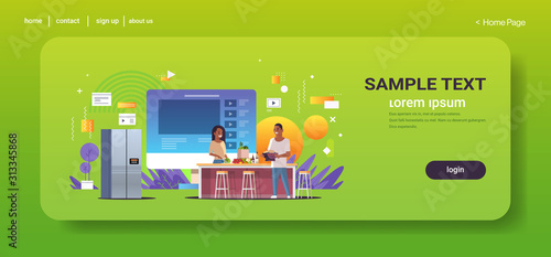 food bloggers recording online video african american man woman cooking together in kitchen blogging concept vloggers couple explaining how to cook a dish full length horizontal copy space vector