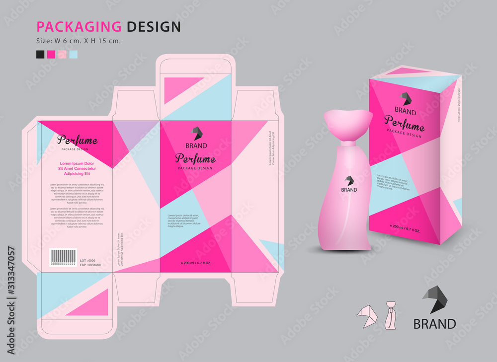 Packaging perfume template, 3d box, product design creative idea template  for cosmetics, bottle, pink polygon graphic concept, trendy vector  illustration Stock Vector