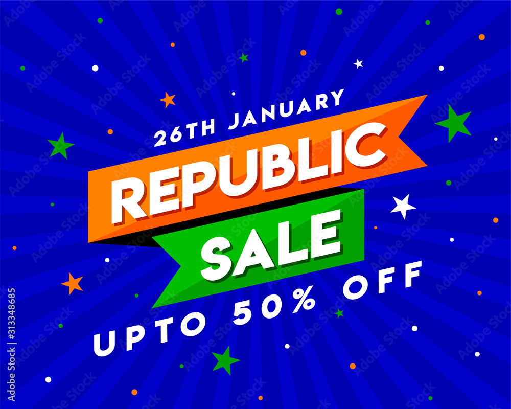 26th January. Happy Republic Day of India Sale upto 50% off discount. Concept, Template, Banner, Logo Design, Icon, Poster, Unit, Label, Web Header, Mnemonic with Celebration Blue Rays Background