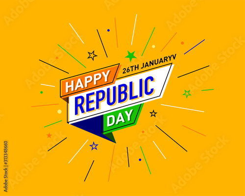26th January. Happy Republic Day of India Concept, Template, Banner, Logo Design, Icon, Poster, Unit, Label, Web Header, Mnemonic with Celebration yellow Rays Background - Vector, illustration.