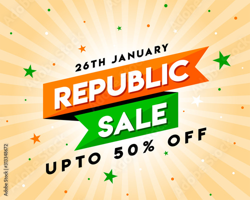 26th January. Happy Republic Day of India Sale upto 50% off discount. Concept, Template, Banner, Logo Design, Icon, Poster, Unit, Label, Web Header, Mnemonic with Celebration orange Rays Background