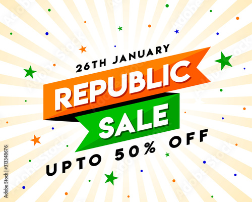 26th January. Happy Republic Day of India Sale upto 50% off discount. Concept, Template, Banner, Logo Design, Icon, Poster, Unit, Label, Web Header, Mnemonic with Celebration orange Rays Background
