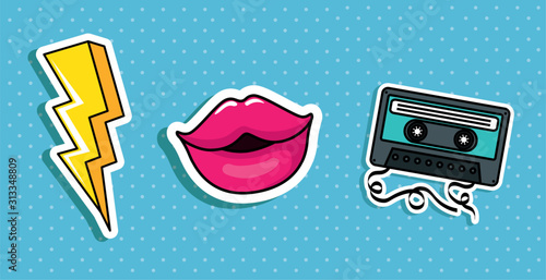 thunderbolt with lips and cassette pop art style icons design