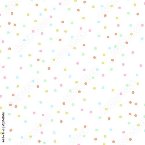 Colorful polka dots pattern on white background.