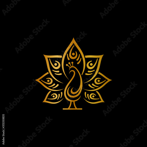 Peacock logo design with line art luxury style, simple minimalist peacock logo template, gold peacock mascot logo