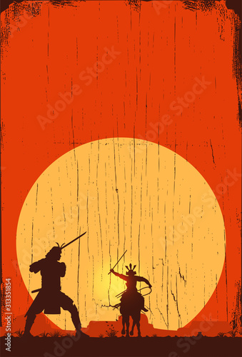 Silhouette of Japanese samurai warrior with sword and riding horse, Vector