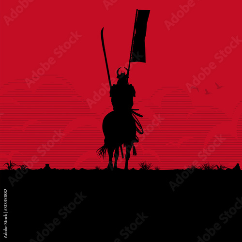Silhouette of samurai riding horse in the field, Vector