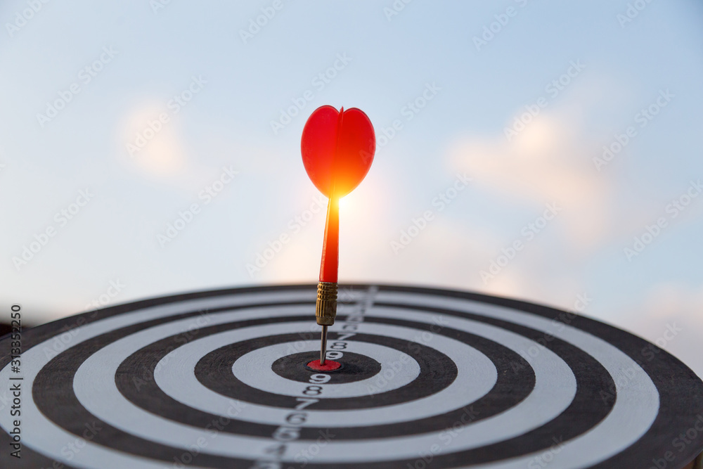 Red dart target arrow hitting on bullseye with,Target marketing and business success concept Red dart target arrow hitting on bullseye with,Target marketing and business success concept
