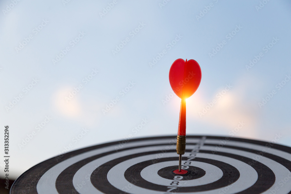 Red dart target arrow hitting on bullseye with,Target marketing and business success concept Red dart target arrow hitting on bullseye with,Target marketing and business success concept
