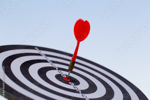 Red dart target arrow hitting on bullseye with,Target marketing and business success concept