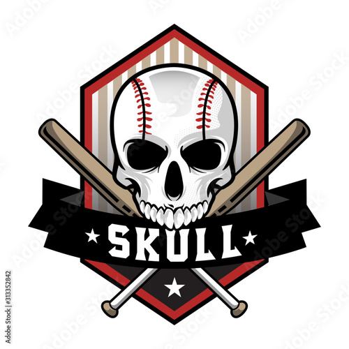 stock vector baseball emblem with skull and bat. sports logo illustration