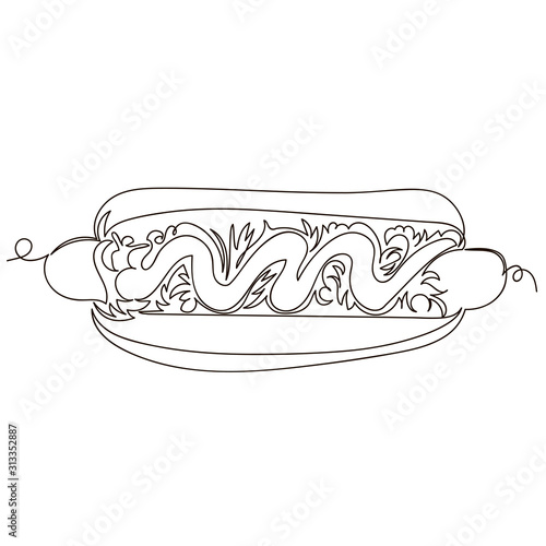 hot dog. vector outline image of sausage with sauce and vegetables. one line. continuous line