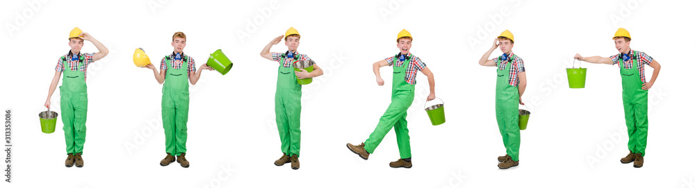 Funny painter with bucket isolated on white Funny painter with bucket isolated on white