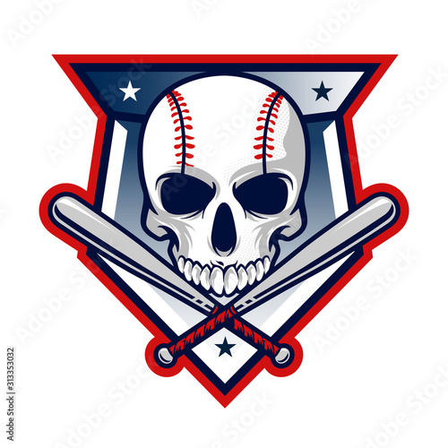 stock vector baseball emblem with skull and bat. sports logo illustration