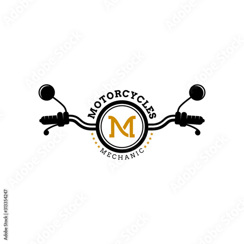Motorcycle handlebar vintage logo design with letter M, Retro bikers logo template, motorcycles club, garage and service repair business logo