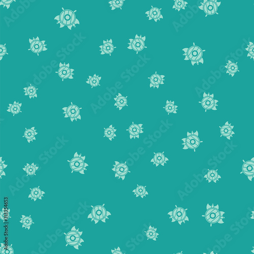 Green Medieval shield with crossed axes icon isolated seamless pattern on green background. Battle axe, executioner axe. Vector Illustration