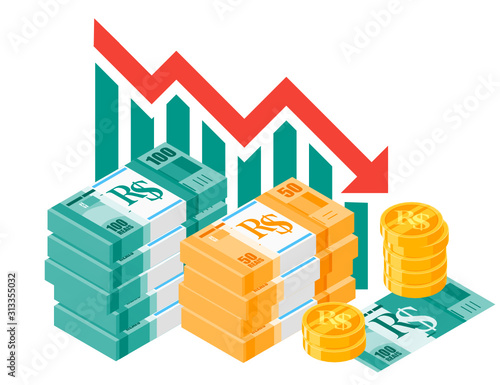 Brazilian Real Exchange Rate Stock Market Value Price Decrease down vector icon logo design. Brazil currency, business, finance and economy element.  Can be used for web, mobile, infographic & print.