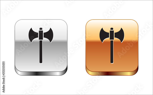Black Medieval axe icon isolated on white background. Battle axe, executioner axe. Silver-gold square button. Vector Illustration