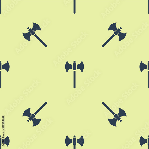 Blue Medieval axe icon isolated seamless pattern on yellow background. Battle axe, executioner axe. Vector Illustration