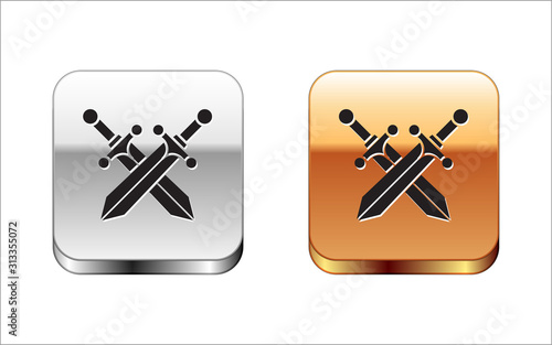 Black Crossed medieval sword icon isolated on white background. Silver-gold square button. Vector Illustration