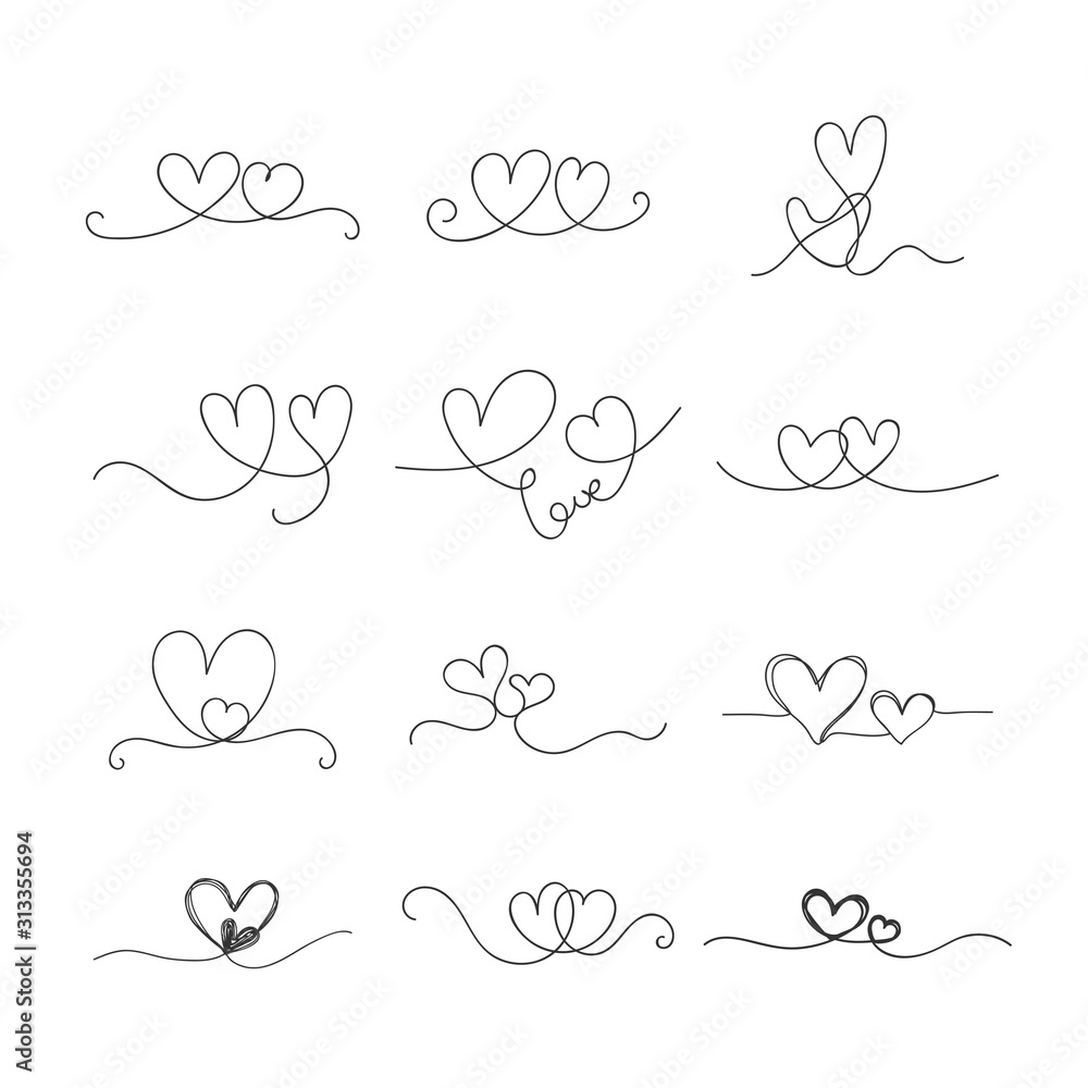 Hand drawn heart couple thin line shape.Vector illustration for your graphic design. Wedding or Valentine card element.