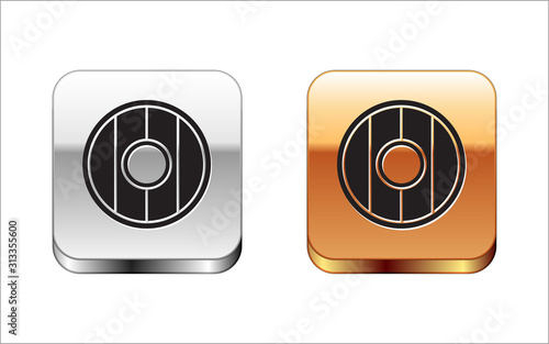 Black Round wooden shield icon isolated on white background. Silver-gold square button. Vector Illustration