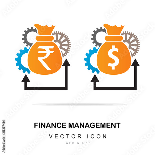 Asset Management icon with Dollar and Rupee. Finance Management Vector Icon with Dollar and Rupee Editable Stroke and Money Bag. vector illustration