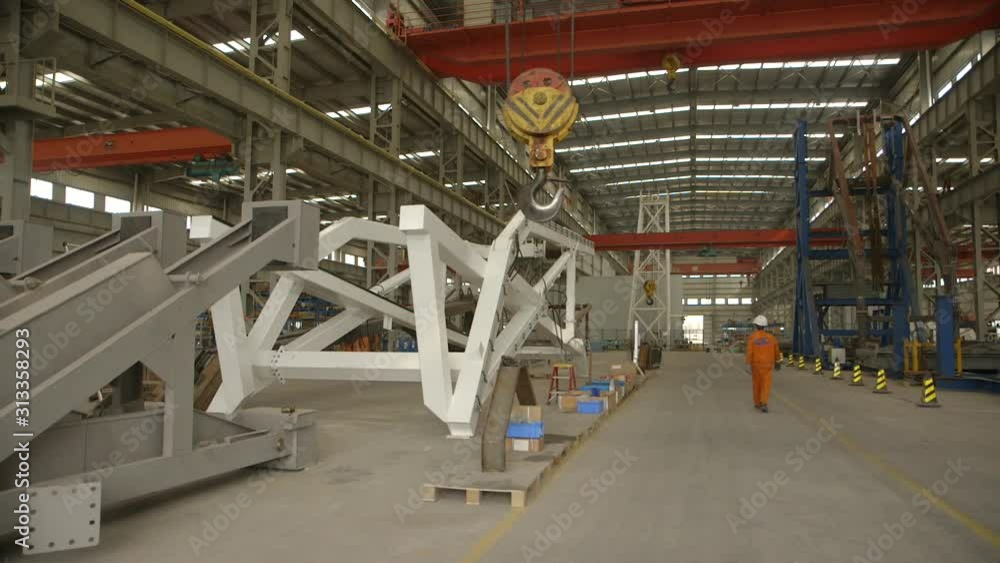 Large factory hall with steel beams and camera dolly movement Large factory hall with steel beams and camera dolly movement