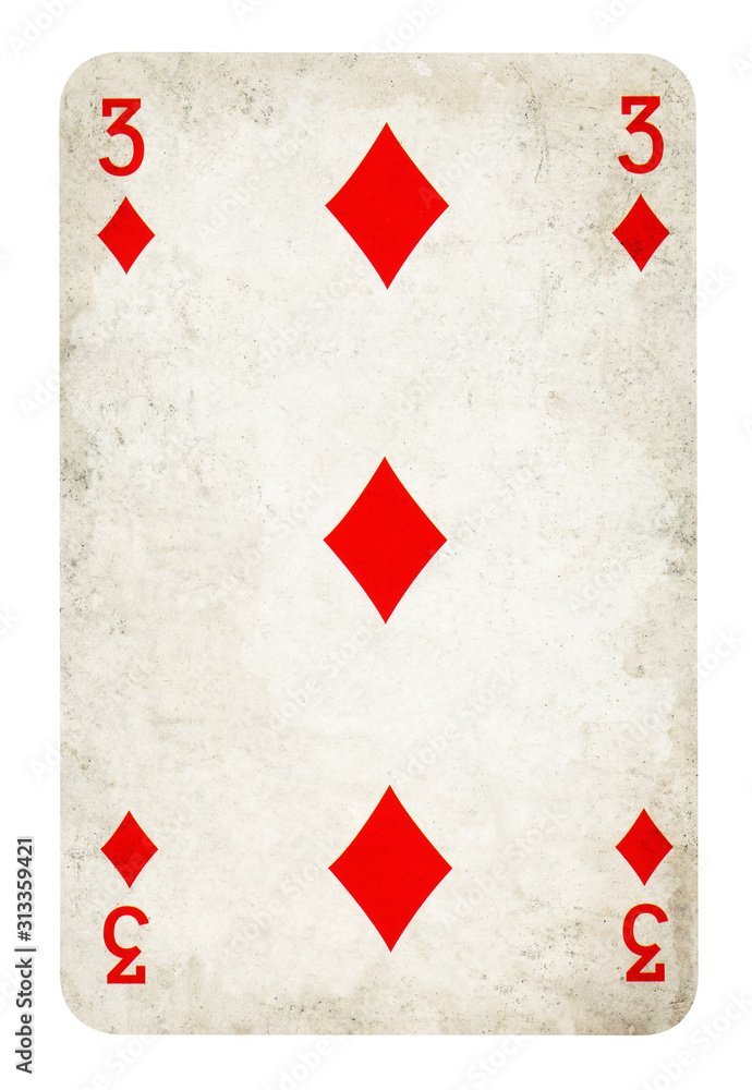 Three of Diamond Vintage playing card - isolated on white (clipping path included)