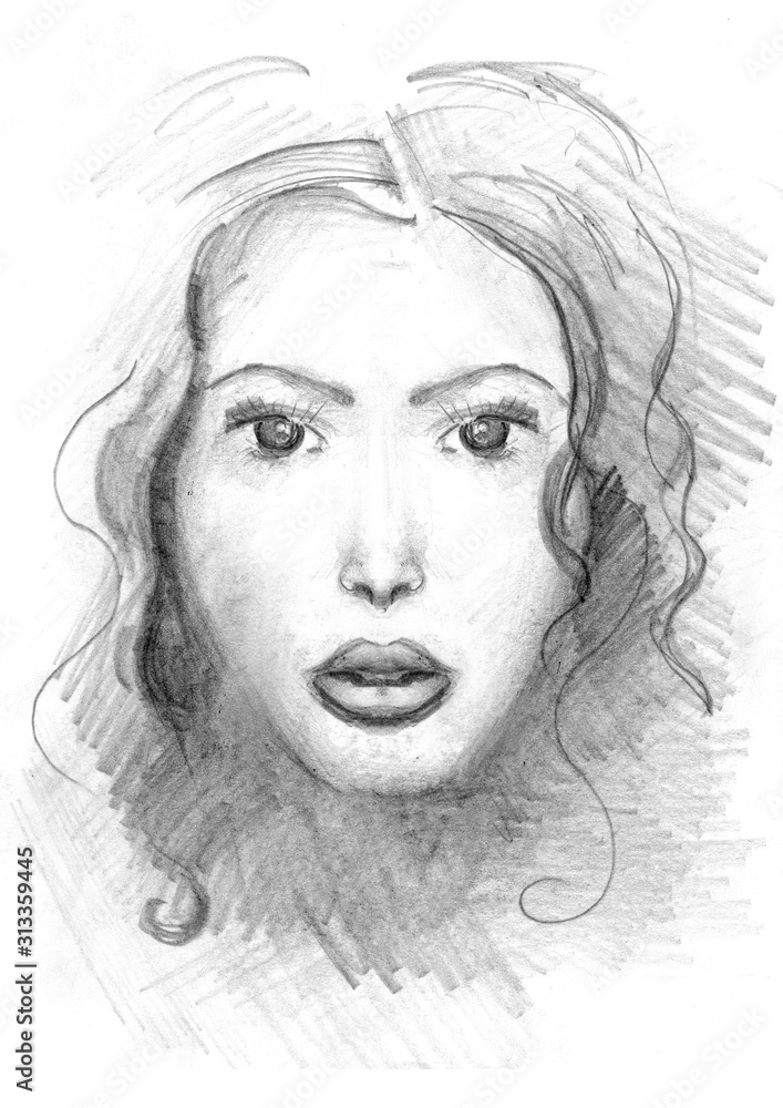 Portrait of a girl with curly hair drawn in charcoal pencil Portrait of a girl with curly hair drawn in charcoal pencil