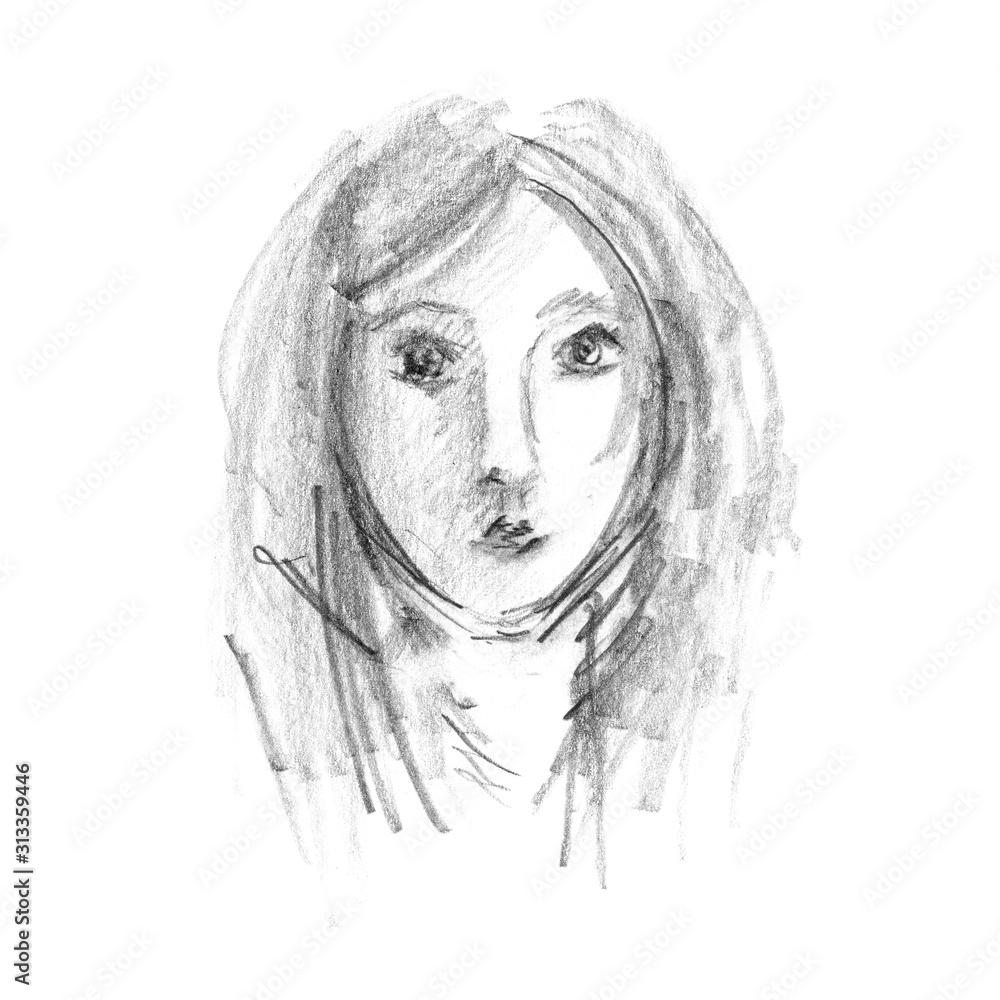 Fototapeta premium Sketch. Portrait of a young girl. The picture drawn with charcoal pencil.