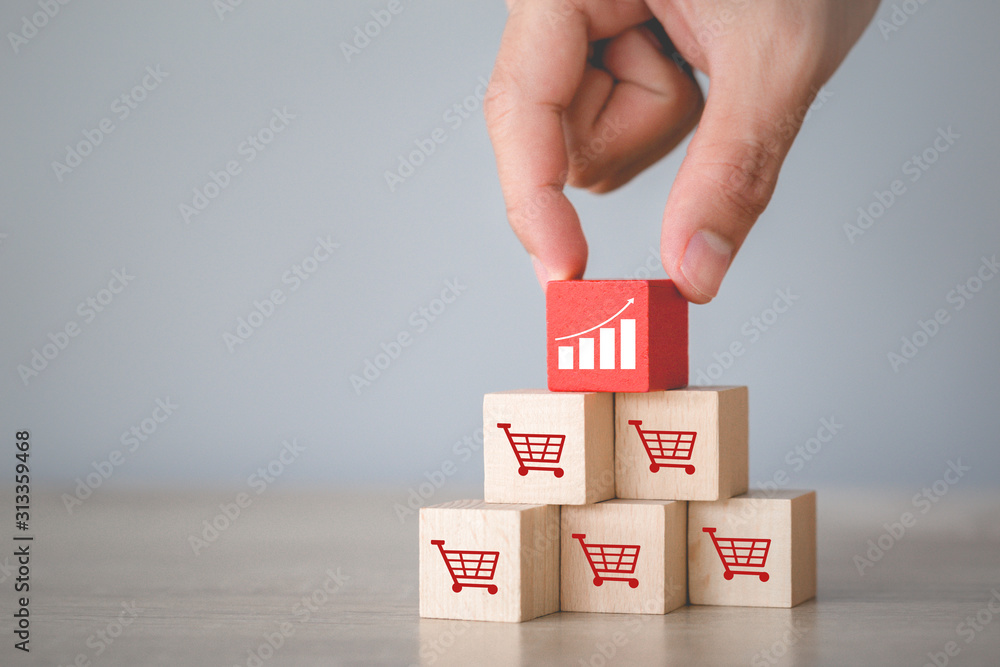 Poster Hand arranging wood block stacking with icon Graph and shopping ...