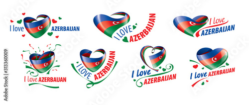 The national flag of the Azerbaijan and the inscription I love Azerbaijan. Vector illustration