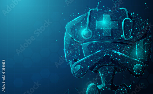 Close up of robot doctor with stethoscope.  Artificial Intelligence, AI. Modern medical technologies concept