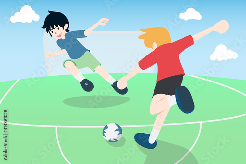 Two Flat Man Cartoon are Playing Football