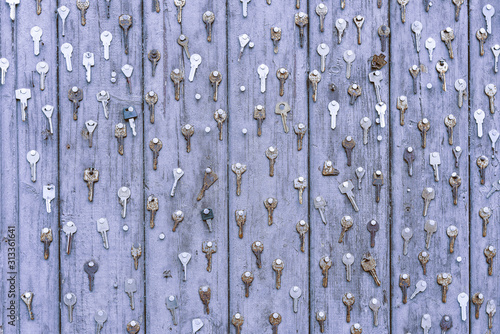 Old keys hanging on a weathered a purple wooden door.
