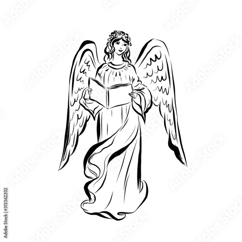 Angel with a book. Graphic linear drawing. Concept for religious holidays - Easter, Christmas. Bible symbol. Illustration for children's books, cards
