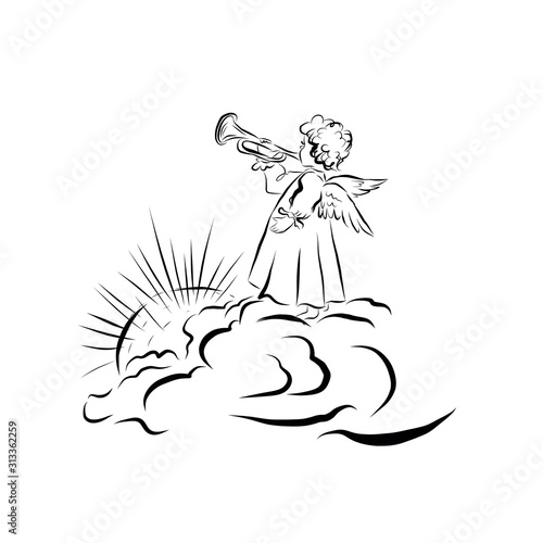 Angel baby playing trumpet in heaven. Graphic vintage linear drawing. Concept for religious holidays - Easter, Christmas. Bible symbol. Illustration for children's books, cards