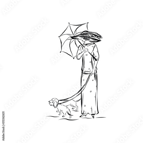 Elegant vintage woman with dog. Female modal dressed in 19th century style clothes. Old fashioned. Nostalgia time. Romantic victorian elegant people.  