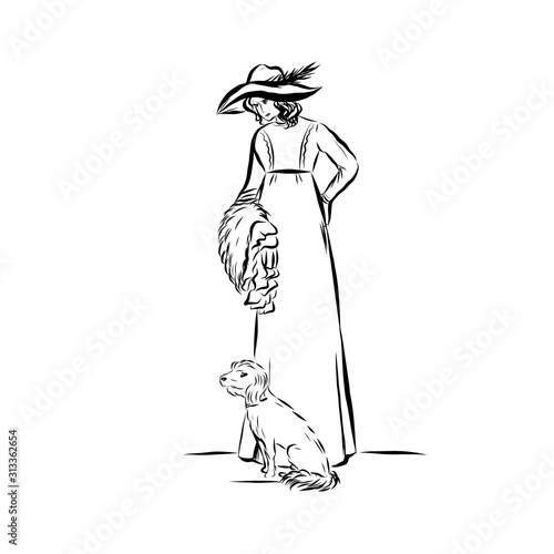 Elegant vintage woman with dog. Female modal dressed in 19th century style clothes. Old fashioned. Nostalgia time. Romantic victorian elegant people.  