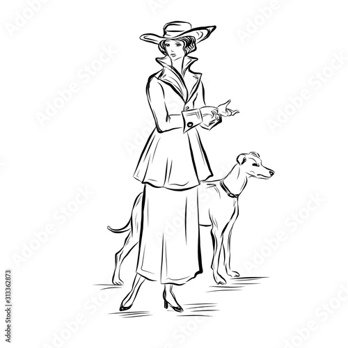 Elegant vintage woman with dog. Female modal dressed in 19th century style clothes. Old fashioned. Nostalgia time. Romantic victorian elegant people.  