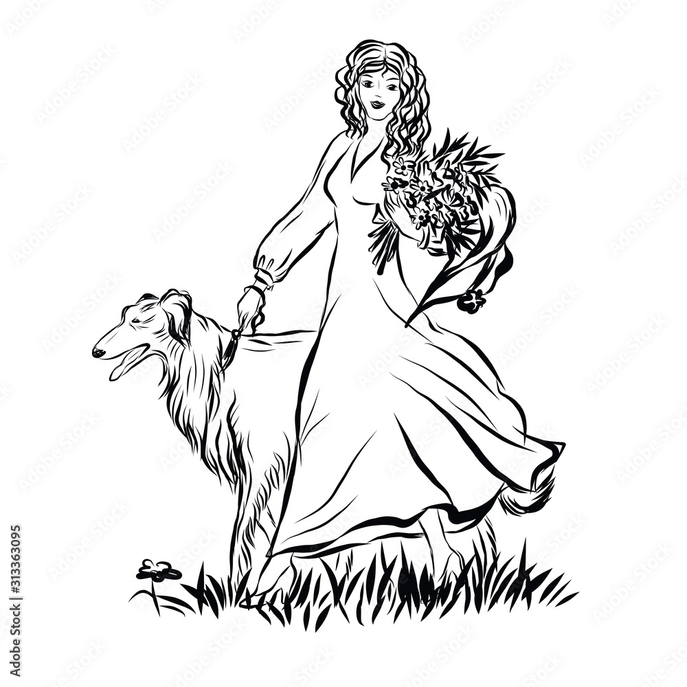 Elegant vintage woman with dog. Female modal dressed in 19th century