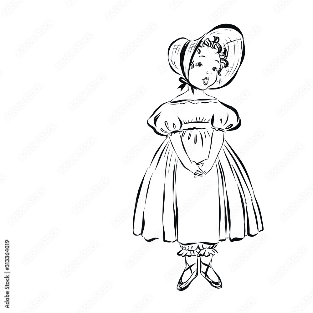 Vintage girl in hat and dress. drawing for children s book